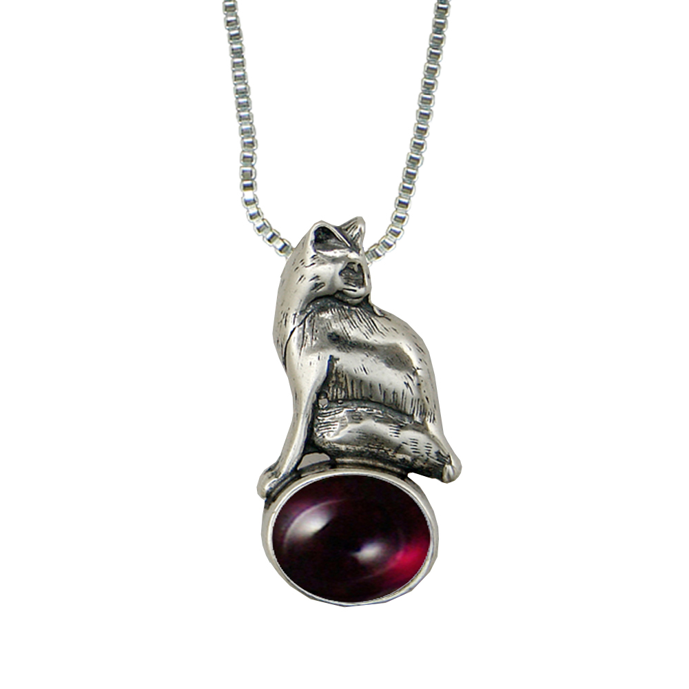 Sterling Silver Cat Looking For Mouse Pendant With Garnet